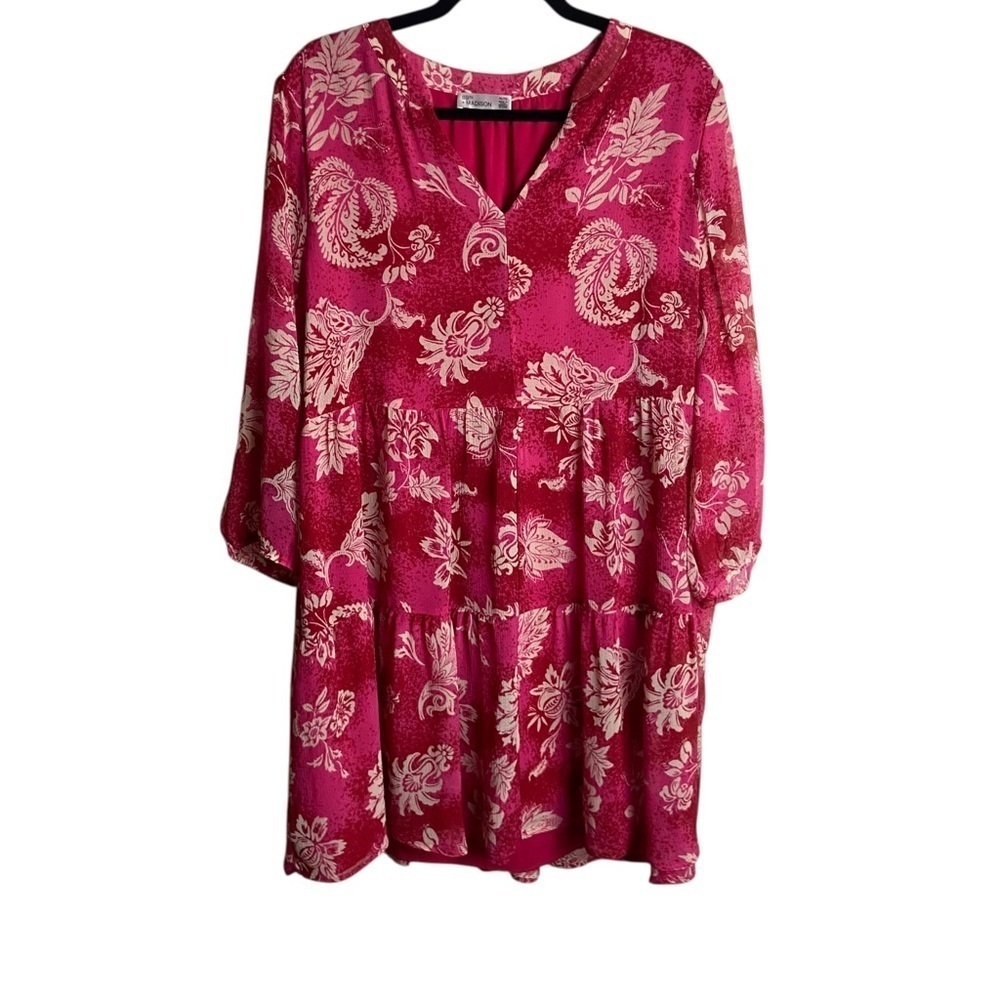 89th And Madison Size Xl Tired Floral Dress Chiffon V Neck Pink Garden Party